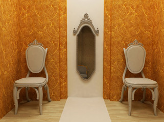 Classic interior design, two armchairs with mirror