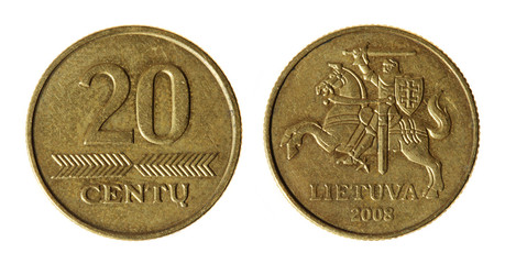 Coin Lithuania lit on the white background (2008 year)