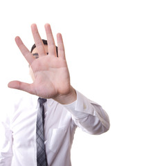 Man in white shirt and tie with open palm