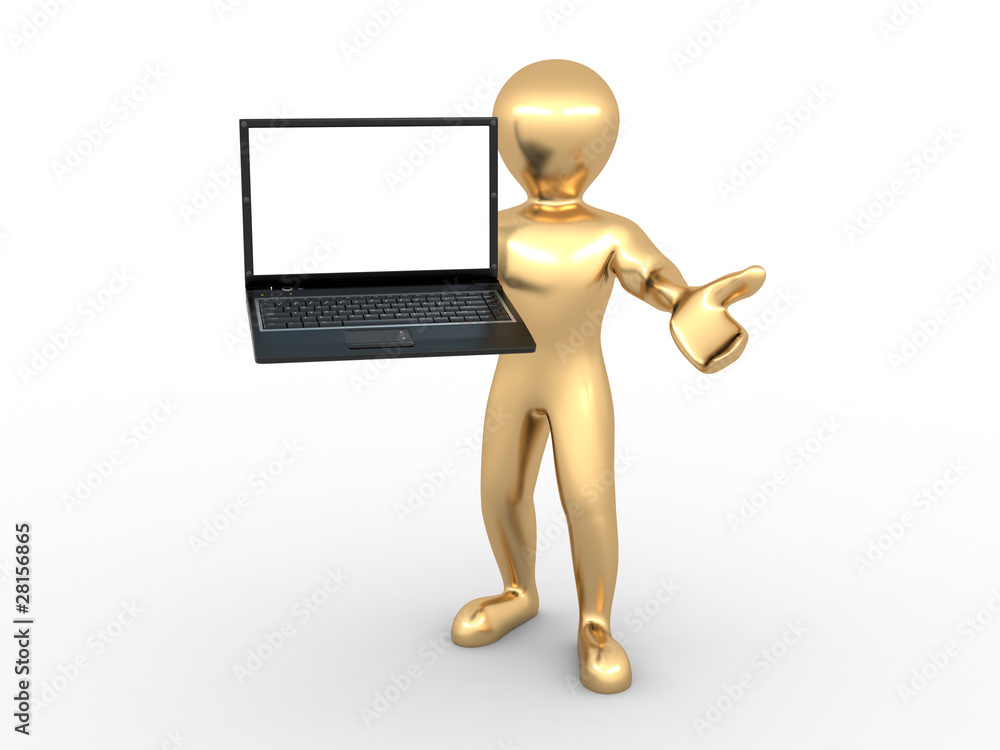 Poster man with laptop on white isolated background