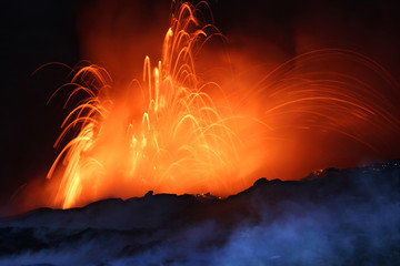 Erupting Volcano at Night