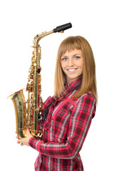smiling young  girl with saxophone