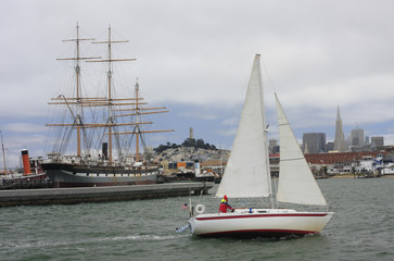 San Francisco skyline, passenger boat, California
