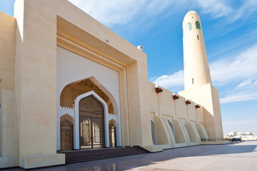 Qatar state mosque main entrance with minaret