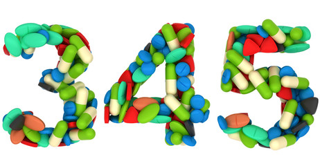 Pills font 3 4 and 5 numerals isolated