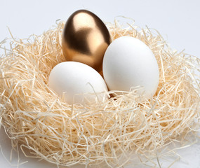 One golden egg and two white egg in the nest