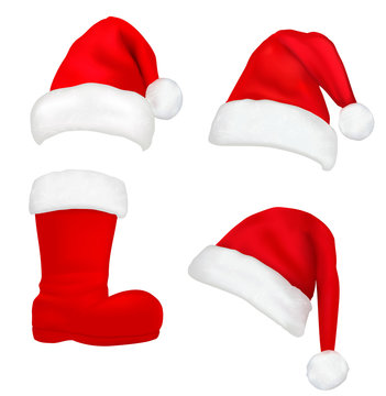 Set of  red santa hats and boot. Vector.