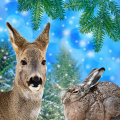 deer and hare in winter forest - winter card