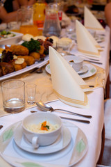 Different appetizing food from table at the wedding reception