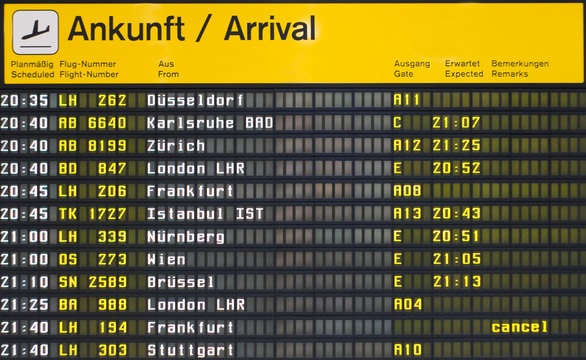 Arrival board at an airport in Germany