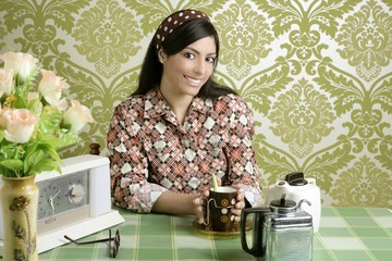 Retro woman drinking cafe on wallpaper kitchen