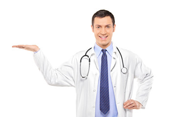 Fototapeta premium Portrait of a medical doctor with lifted hand