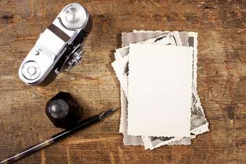 vintage ink and  pen, old photos and camera