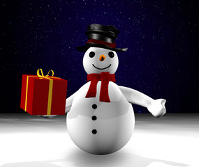 3d snowman giving a gift