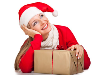 Woman in santa hat with christmas presents