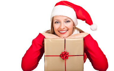 Woman in santa hat with christmas presents