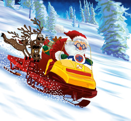 Santa Claus astride a snowmobile