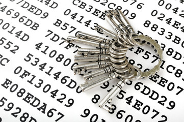 Bunch of silver keys on a sheet with encrypted data