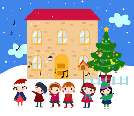 Vector New year card with kids and house