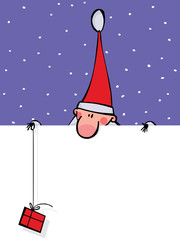 Santa with a gift looks out over the blank banner