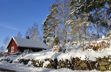 Typical Swedish village details in winter season