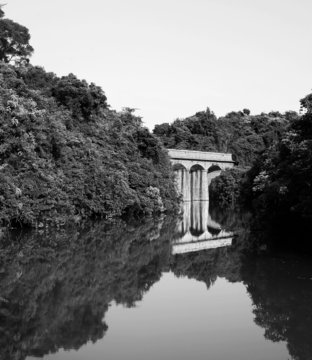 Fototapeta lake with stone bridge, black and white