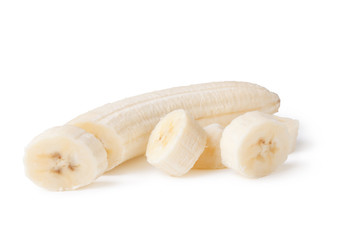 Freshly sliced bananas on a white background