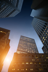 Skyscrapers rising in night sky in downtown at sunset