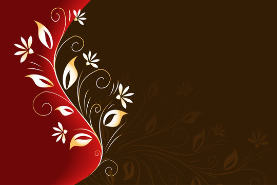 Red-brown background with golden floral element