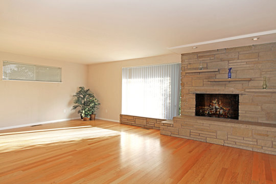 Empty asian living room with fireplace