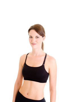 Smiling Slender Caucasian Woman Sports Bra Isolated Background