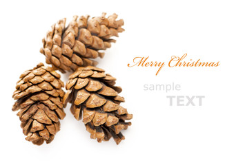 three Christmas cones isolated on white background with copy spa