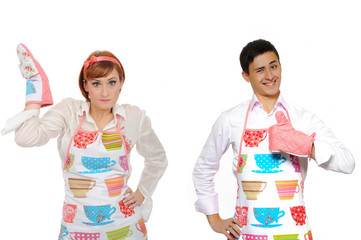 Funny collage with cooking couple - man in apron and one chef wo