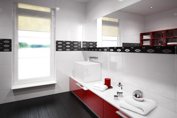 Red accented bathroom I