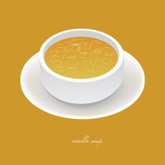 noodle soup in white bowl on the yellow background