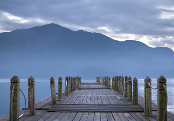 look on pier and mountain in the morning