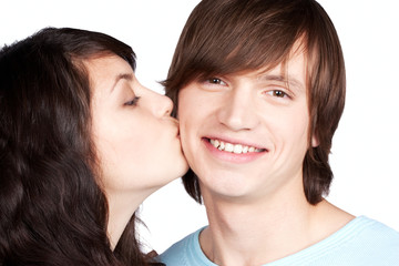 Closeup Young happy couple on white background