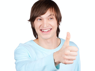 young man thumb up on white background