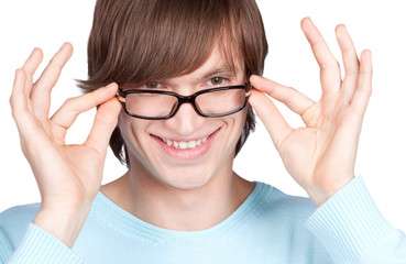 Portrait of young man in glasses  isolated on white background