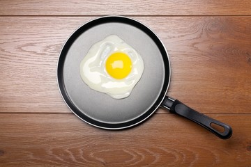 Frying pan on a wooden surface