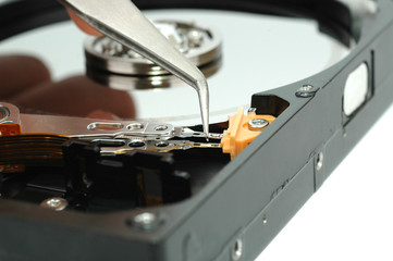 Close up of opened hard disk drive