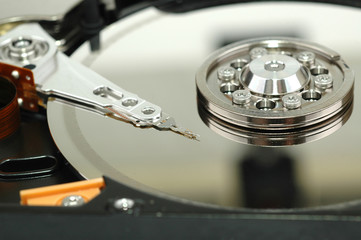 Close up of  opened hard disk drive