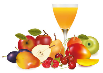 Group of fresh fruit and a glass of juice. Vector.