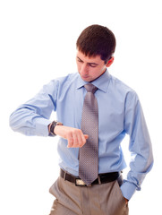 young man looking at watch