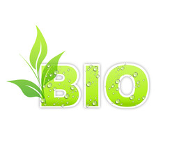 BIO letters with waterdrops and leaves