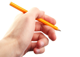 Hand holding pencil pen. Writing