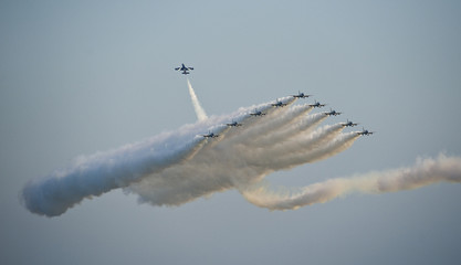 Jet fighters in formation during an air show (Italy).