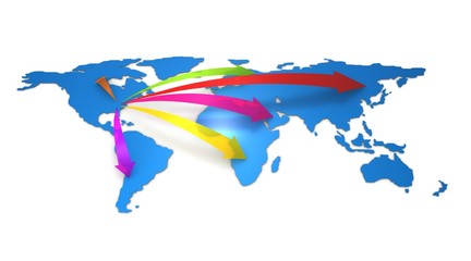 3D World map with arrows from US to other continents © Nilaksha Rathnayake