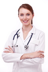 Fototapeta premium Portrait of positive young doctor (woman).