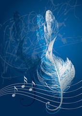 Naklejka premium Srebrny klucz wiolinowy w postaci ptasiego pióra na niebieskim